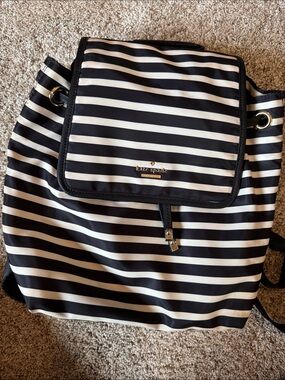 kate spade Black and White Striped Drawstring Flap Backpack